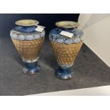 Late 19th/Early 20th cent. Ceramics: Doulton stoneware waisted baluster vases, gilt body, blue