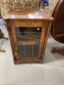 Victorian burr walnut inlaid music cabinet the top with engraved turned brass rail, single glazed