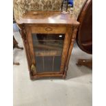 Victorian burr walnut inlaid music cabinet the top with engraved turned brass rail, single glazed