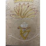 Militaria: WWI embroidery on linen, Royal Irish Fusilliers crest surrounded by battles, Gallipoli,