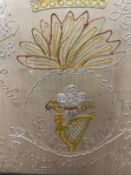 Militaria: WWI embroidery on linen, Royal Irish Fusilliers crest surrounded by battles, Gallipoli,