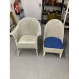 Original Lloyd Loom white tub chair with label plus one other. (2)