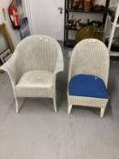 Original Lloyd Loom white tub chair with label plus one other. (2)