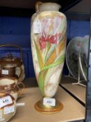 19th cent. Doulton Faience two handled vase, pink and red irises on a pastel ground, gilt and