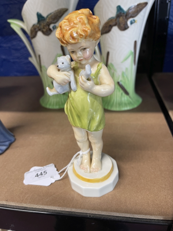 20th cent. Ceramics: Royal Worcester figurine Wednesday's Child No.3521, green dress, blue teddy,