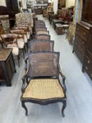 18th cent. French walnut dining chairs two carvers and six singles with carved backs, bergere seats,