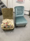19th cent. Harlequin pair of Victorian upholstered nursing chairs on turned front supports on