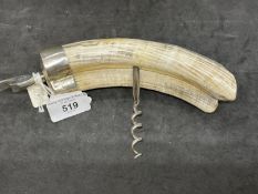 Corkscrews/Wine Collectables: Early 20th cent. White metal warthog/boar tusk handled corkscrew steel