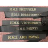 Militaria/Royal Navy: Cap tallies from H.M.S. Rodney, H.M.S. Ark Royal, H.M.S. Victorious, H.M.S.