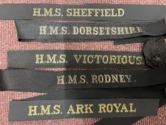 Militaria/Royal Navy: Cap tallies from H.M.S. Rodney, H.M.S. Ark Royal, H.M.S. Victorious, H.M.S.