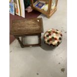 20th cent. Oak joint stool and a footstool with patchwork upholstered top.