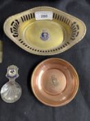 Militaria/Royal Navy: H.M.S. Rodney rum measure, copper ashtray, caddy spoon and oval dish.