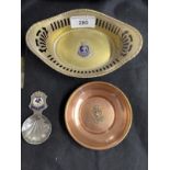 Militaria/Royal Navy: H.M.S. Rodney rum measure, copper ashtray, caddy spoon and oval dish.