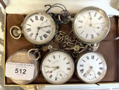 Hallmarked Silver: Watches to include three silver pocket watches and two others, plus a plated