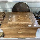 Late Victorian walnut cased table top polyphone with marquetry inlaid panel and a quantity of discs.