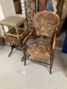 Late 19th cent. Mahogany armchair, scroll arms, shaped seat, turned stretcher and carpet upholstery.