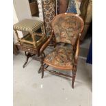 Late 19th cent. Mahogany armchair, scroll arms, shaped seat, turned stretcher and carpet upholstery.