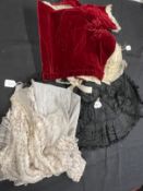 19th cent. Fashion: Ladies red velvet boned bodice, silk full bodice boned, black satin cape with
