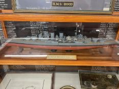 Royal Navy: H.M.S. Hood cased model. 31ins.