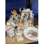 Collectables: Staffordshire figures Auld Lang Syne, an amorous couple, spill vase, girl on a goat,