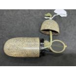 Objects of Virtue: 18th cent. Horn folding spectacles, one arm A/F in shagreen case. 5½ins.