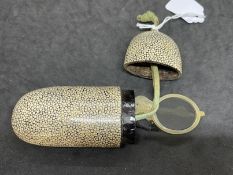 Objects of Virtue: 18th cent. Horn folding spectacles, one arm A/F in shagreen case. 5½ins.
