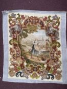 19th cent. Textiles: Woolwork continental tapestry, central panel depicting a shepherd and a