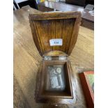 Collectables: Early 20th cent. Oak music box in the shape of a barrel on a stand with hinged lid,