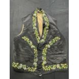 19th cent. Costume: Gentlemen's waistcoats, black satin with floral embroidery long lapel, cotton