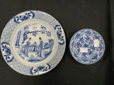 Chinese: K'ang-hsi period (Kang-Xi) blue and white plate two court ladies in a garden, 6 character