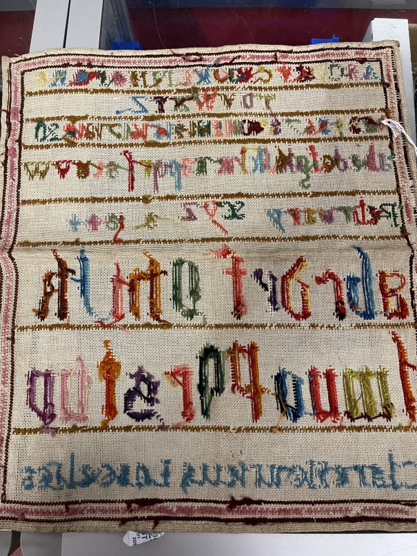 19th cent. Textiles: Woolwork alphabet sampler by Clare Henrietta Lancelles, Feb. 1844, unframed. - Image 2 of 3