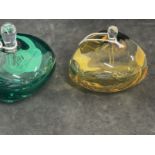 Studio Glass: Signed J.F.K. 2000 squat form perfume bottle amber and green with clear stoppers.