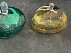 Studio Glass: Signed J.F.K. 2000 squat form perfume bottle amber and green with clear stoppers.