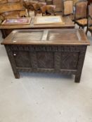 18th cent. Carved oak coffer with sunken two panel lid, original hinges, a three panel front with