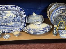 Ceramics: Small blue and white meat plate, miniature plate impressed Hackwood, two tureens, 19th