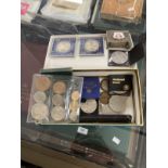 Yellow metal nib in leather case and a collection of coins to include an American 1922 Dollar, etc.