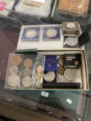 Yellow metal nib in leather case and a collection of coins to include an American 1922 Dollar, etc.