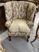 19th cent. Paisley upholstered high back porters chair, rib backed front pad feet shaped rear