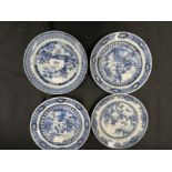 Chinese 19th cent. Four small dishes, a pair with figure and temple decoration, one Willow pattern