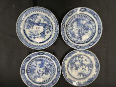 Chinese 19th cent. Four small dishes, a pair with figure and temple decoration, one Willow pattern