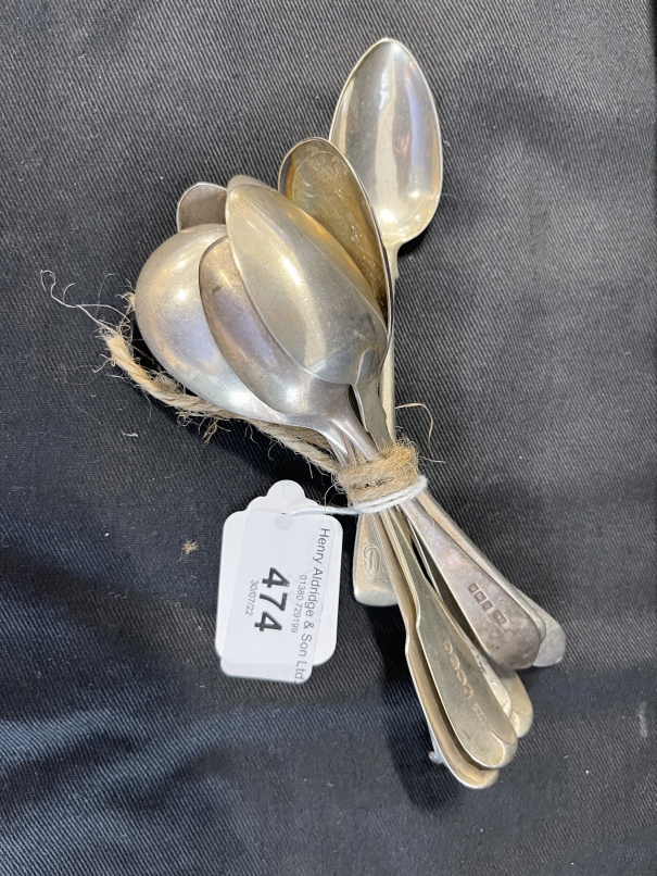 Hallmarked Silver: Flatware, nine items mainly teaspoons, various hallmarks and patterns. Total