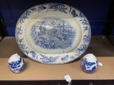 19th cent. English Ceramics: Blue/white meat oval the design depicting bird prey and other birds