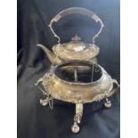 Hallmarked Silver: Kettle and spirit heater, melon shaped body, scroll and floral border on button