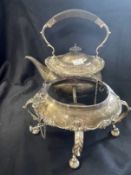 Hallmarked Silver: Kettle and spirit heater, melon shaped body, scroll and floral border on button