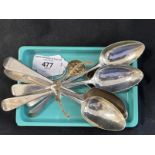 Hallmarked Silver: Flatware, seven spoons, six dessert and one berry spoon, various hallmarks and