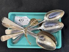 Hallmarked Silver: Flatware, seven spoons, six dessert and one berry spoon, various hallmarks and