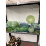 20th cent. Art Glass: Green, some uranium and blue, bowls, vases, floral decorations, etc.