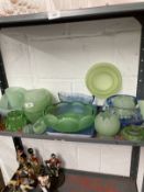 20th cent. Art Glass: Green, some uranium and blue, bowls, vases, floral decorations, etc.