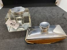 Hallmarked Silver: Silver and glass cube inkwell with silver and treen blotter.