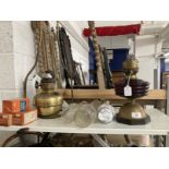 19th cent. Metalware: Copper pot with cast iron lid and handle, scuttle, copper kettle, a pair of